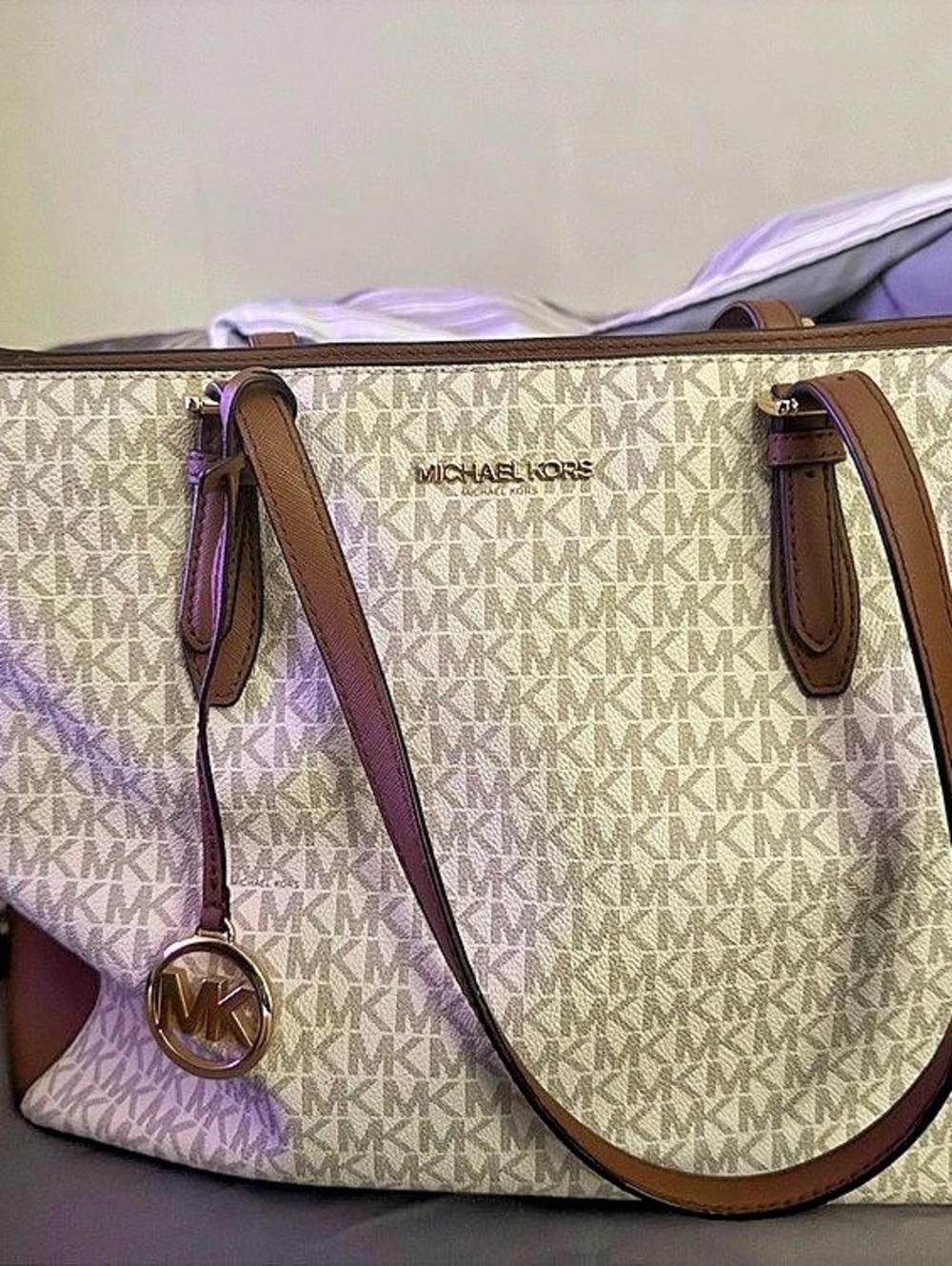 Michael Kors Voyager Large Signature Logo Tote Bag Brown & Cream